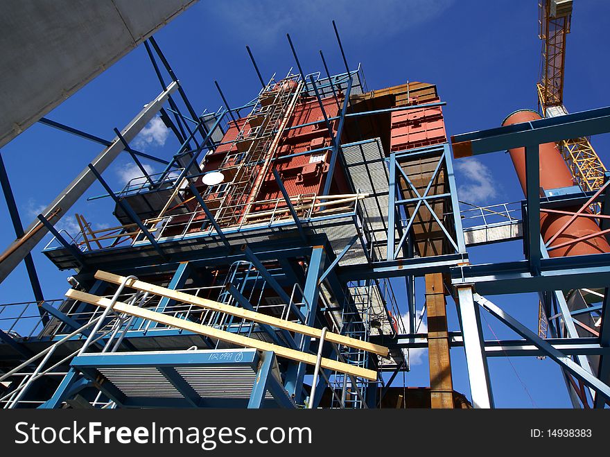 Cranes and beams on construction of industrial factory. Cranes and beams on construction of industrial factory