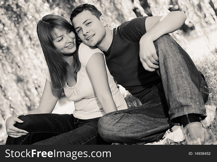 Portrait of cheerful couple sitting on the grass in the park. Portrait of cheerful couple sitting on the grass in the park