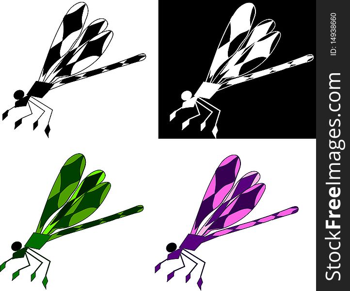 Funny stylization dragonfly in black &white and color illustration, Art element for design. Funny stylization dragonfly in black &white and color illustration, Art element for design.