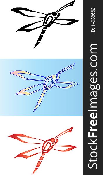 Funny stylization dragonfly in black &white and color illustration, Art element for design with alphabet symbol D. Funny stylization dragonfly in black &white and color illustration, Art element for design with alphabet symbol D.