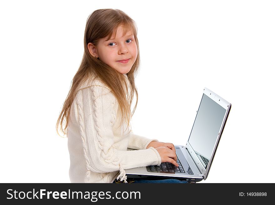 Little Girl With The Laptop On White