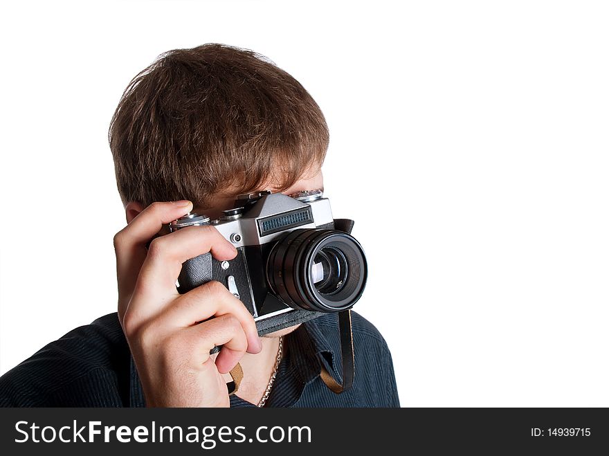 Man looking through the camera isolated on white background. Man looking through the camera isolated on white background