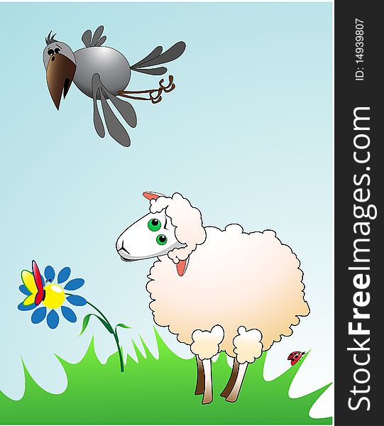 The  map of a lamb on a meadow and flying over it black. The  map of a lamb on a meadow and flying over it black