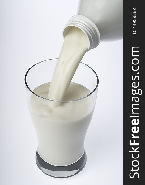 Close up of milk being poured into a glass on white background