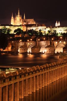 Prague Gothic Castle And Charles Bridge In Night Royalty Free Stock Photography