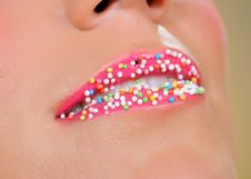 Beautiful Lips With Lots Of Sweet Candy Balls Stock Photo