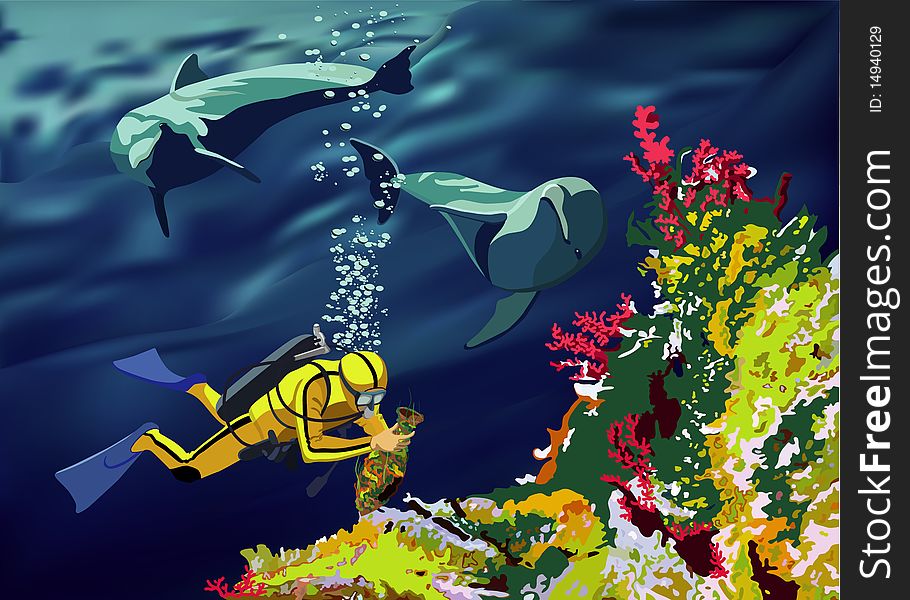 Underwater landscape with dolphins and a scuba diver. Underwater landscape with dolphins and a scuba diver.