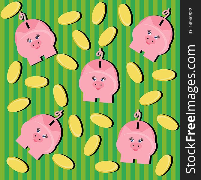 Background with piggy banks and coins on green