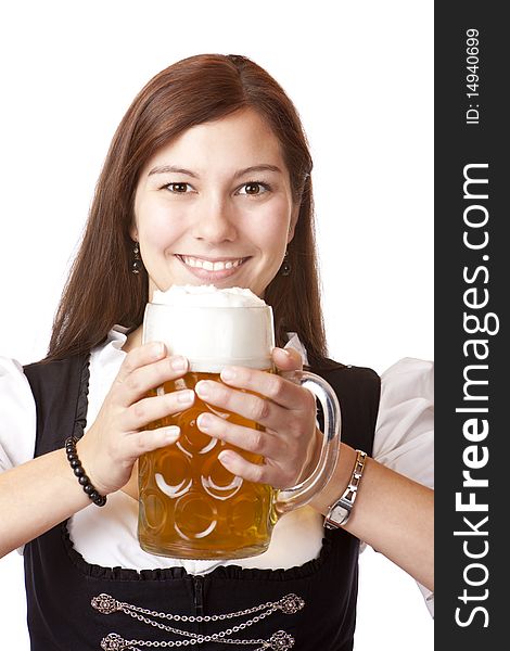 /Portrait of happy Bavarian woman with Oktoberfest beer stein. Isolated on white background.