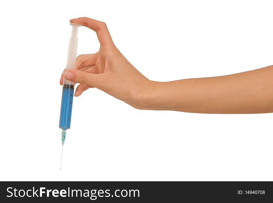 Woman holds in the hand syringe with a new synthetic hard drugs for escape from reality