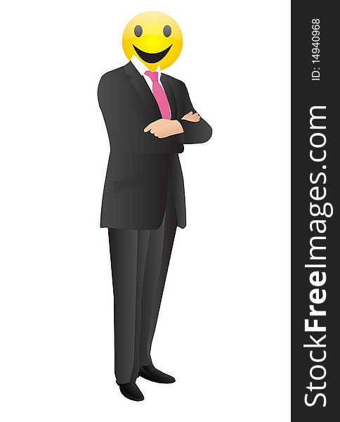 Illustration of the man in the suit with smile instead of the head. Illustration of the man in the suit with smile instead of the head