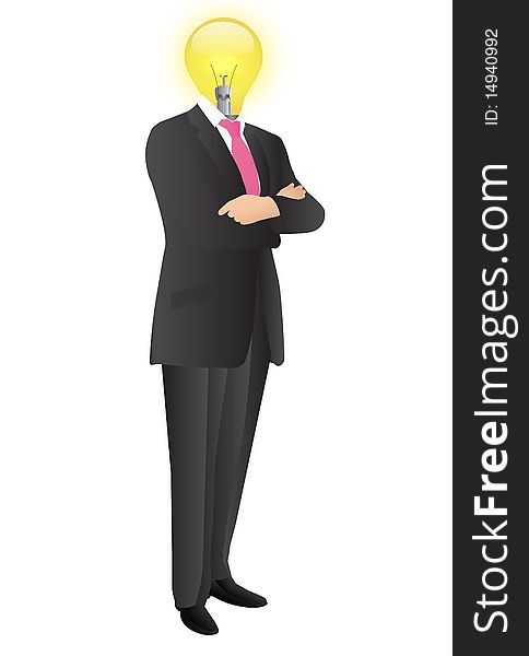 Illustration of the man in the suit with lighting bulb instead of head. Illustration of the man in the suit with lighting bulb instead of head