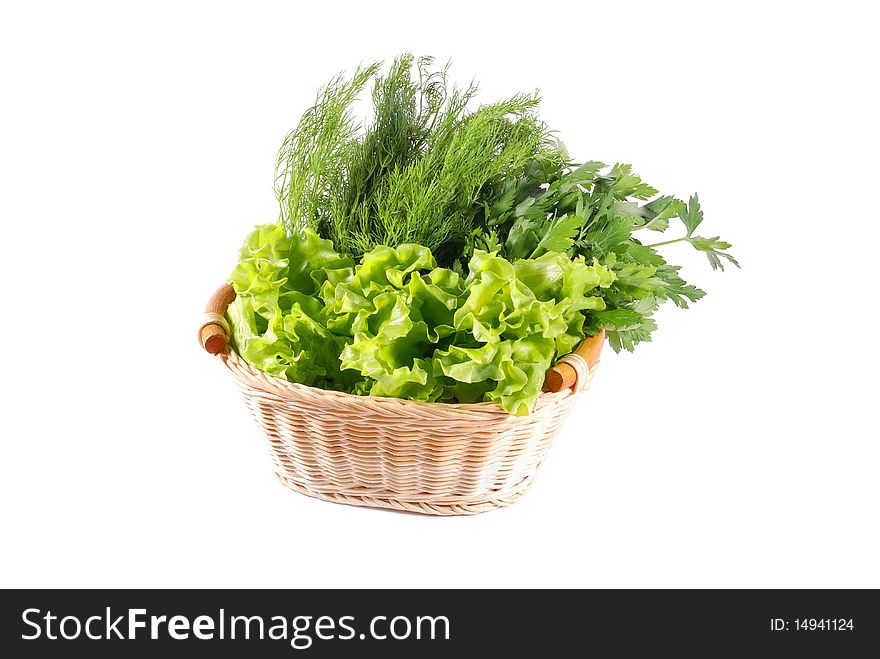 Parsley, dill and lettuce in basket on white background. Parsley, dill and lettuce in basket on white background