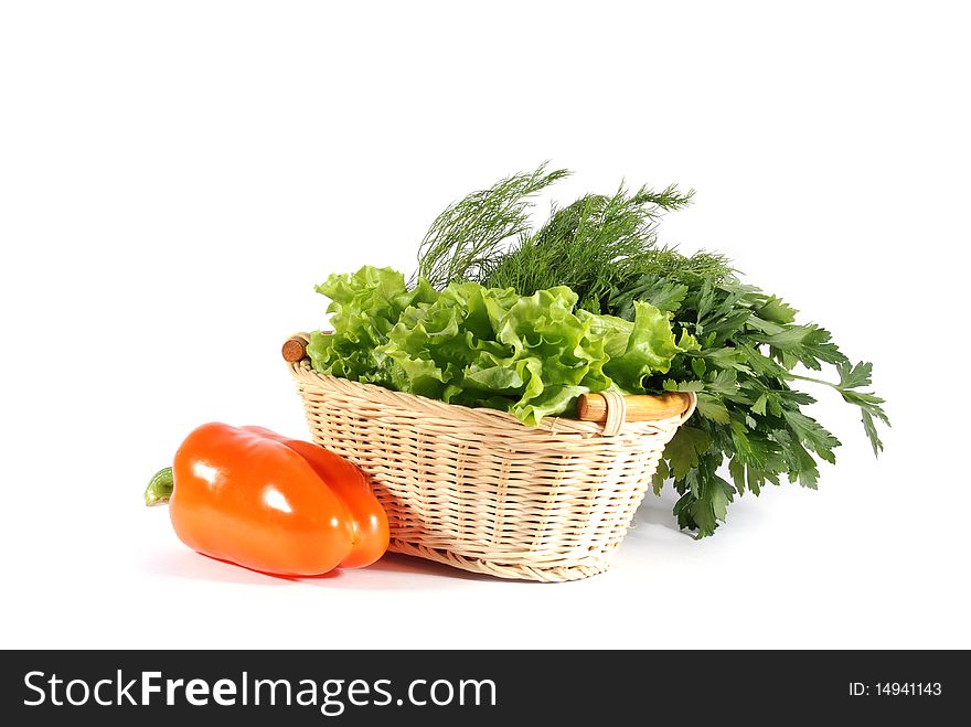 Parsley, dill, pepper and lettuce in basket on white background. Parsley, dill, pepper and lettuce in basket on white background