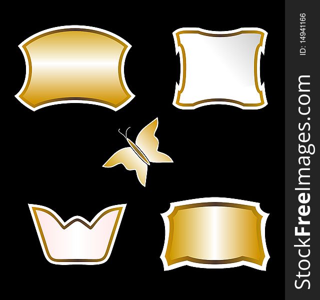 Illustration set gold butterfly and ornate element design of black background. Vector. Illustration set gold butterfly and ornate element design of black background. Vector