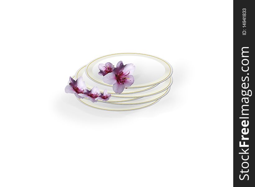 Set of china plates with a golden rim and orchid flowers, isolated. Set of china plates with a golden rim and orchid flowers, isolated