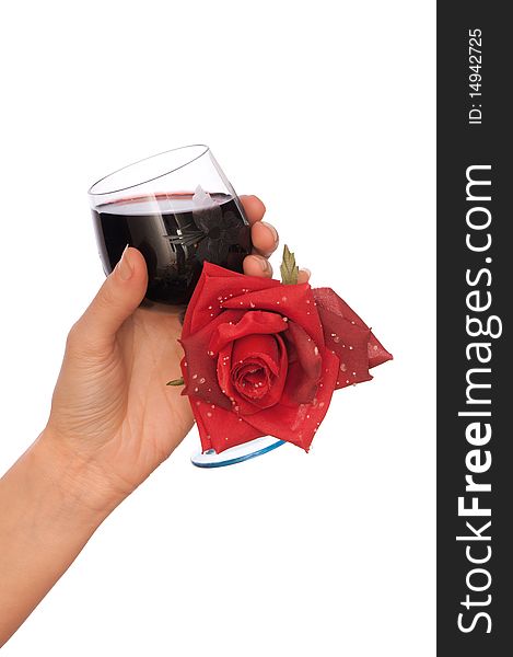 Woman take red rose and glass with red wine