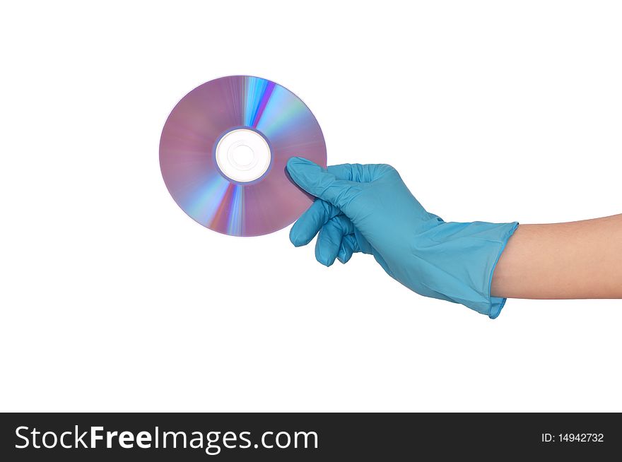 Disk with dangerous confidential audio and video about hacker programs and viruses in a hand of the inspector. Disk with dangerous confidential audio and video about hacker programs and viruses in a hand of the inspector