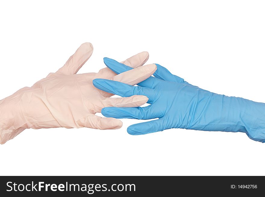 Doctor put blue and white sterilized medical glove for making operation