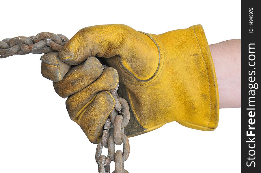 A gloved workman holding a rusty chain on a white background. A gloved workman holding a rusty chain on a white background