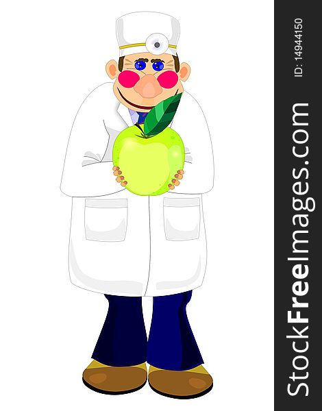 Smiling doctor with big green apple in hands