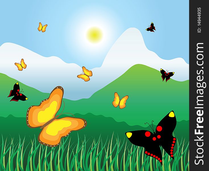 Motley butterflies fly on a mountain meadow. Vector illustration.