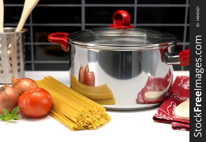 Pasta in a cooking pot ready for cooking