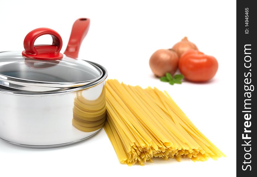 Fettuccine pasta and vegetables ready for cooking