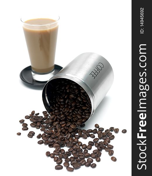 Coffee beans in a canister isolated against a white background