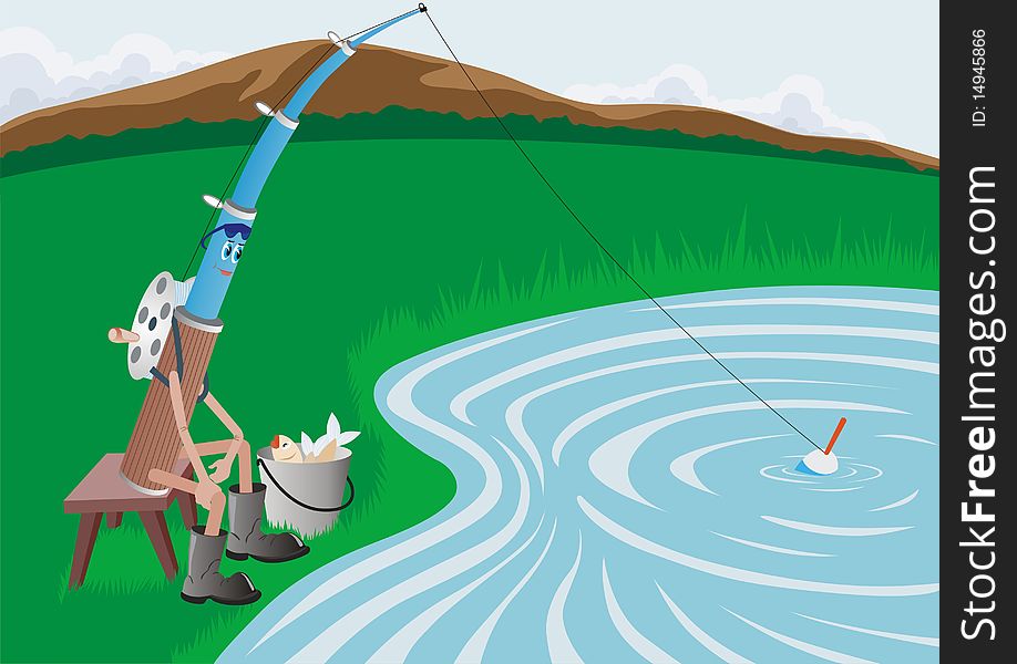 Animated image of fishing, which catches fish in the lake