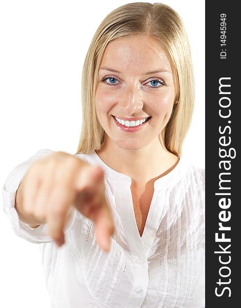 Woman pointing finger on hite isolated background