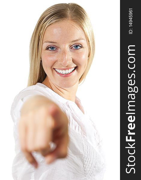 Woman pointing finger on hite isolated background