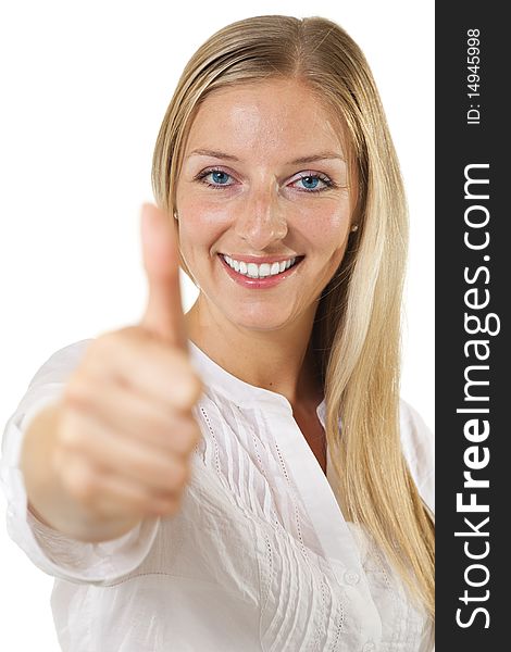 Woman showing OKAY sign and smiling on isolated white