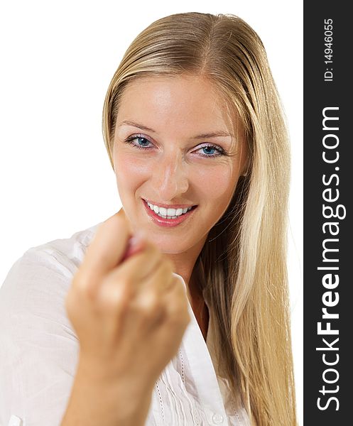 Woman pointing finger on hite isolated background