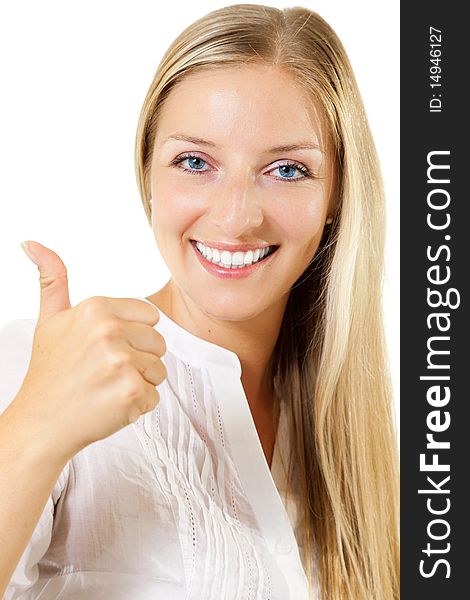 Woman showing OKAY sign and smiling on isolated white