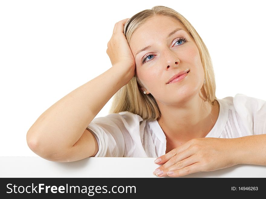 Caucasian young woman portrait on white isolated background