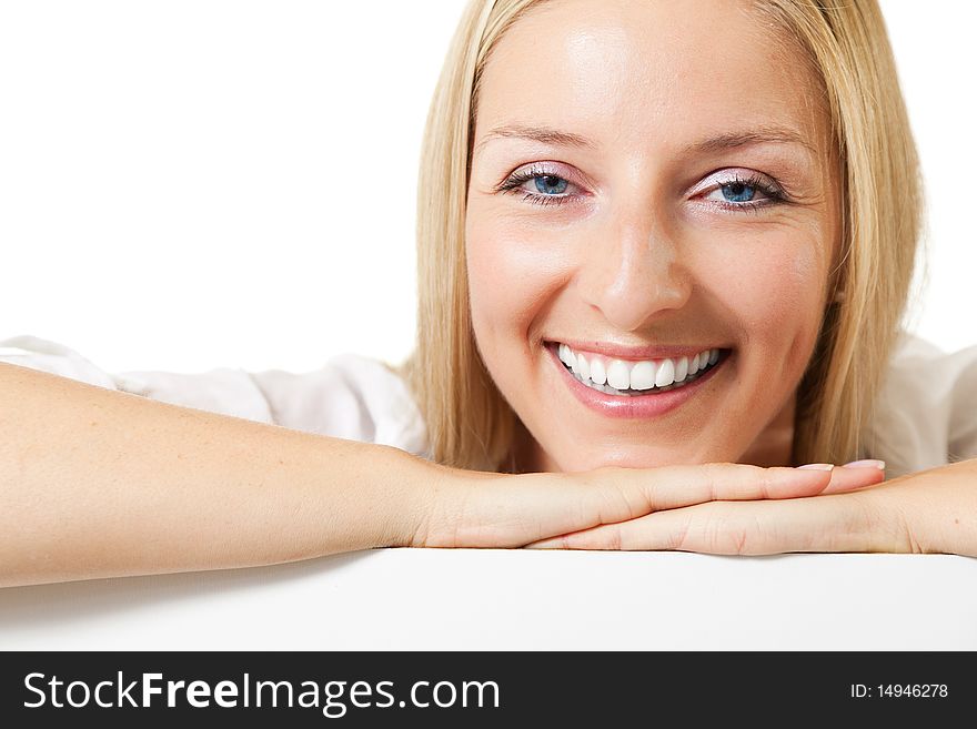 Caucasian young woman portrait on white isolated background