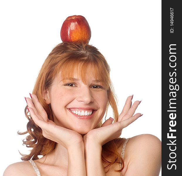 Portrait of cheerful woman with red apple on her head, over white. Portrait of cheerful woman with red apple on her head, over white