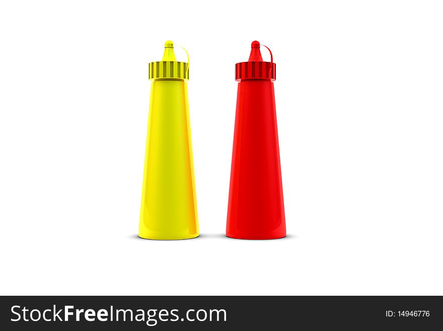 Isolated bottles of ketchup and mustard in 3d. Isolated bottles of ketchup and mustard in 3d
