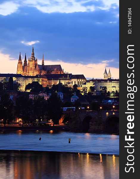 View On Prague Gothic Castle After Sunset