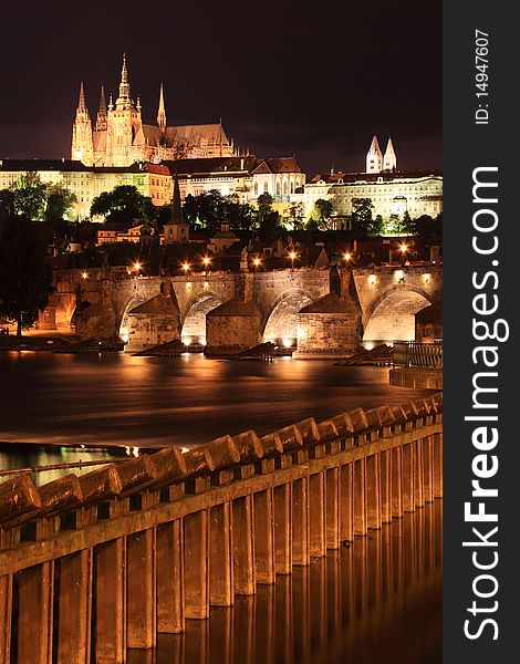 Prague gothic Castle and Charles Bridge in Night