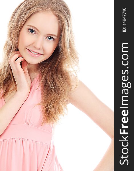 Portrait of a beautiful girl in a light summer dress. Isolated over white background.