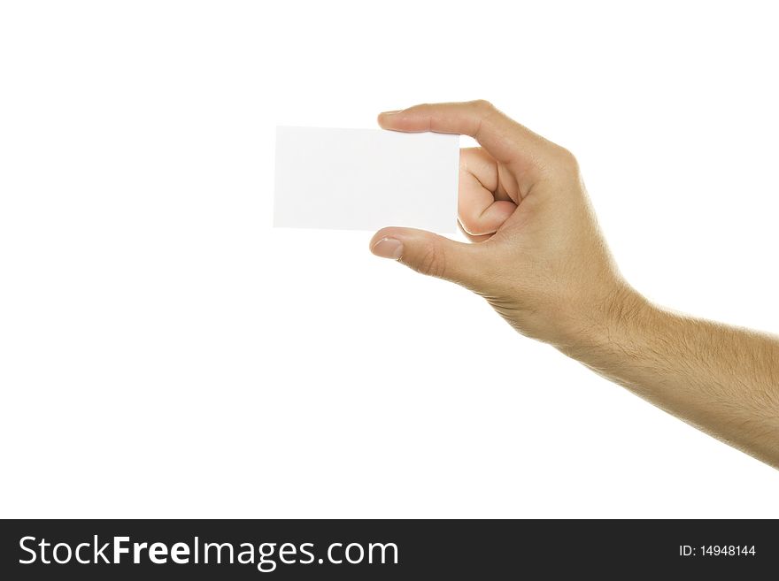 Business card in a man's hand. Isolated on white background