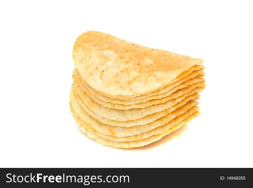 A pile of potato chips isolated on a white background