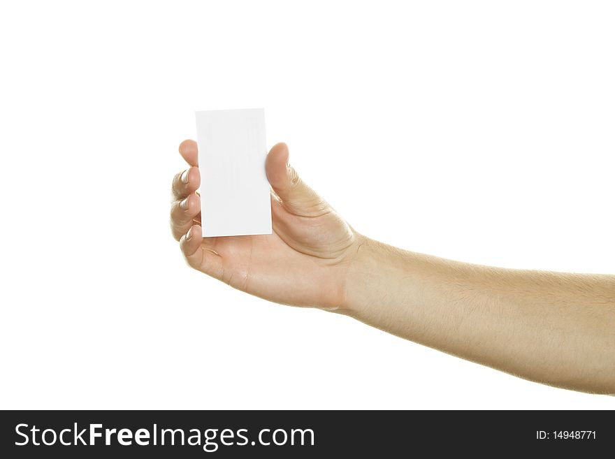 Business card in a man's hand. Isolated on white background