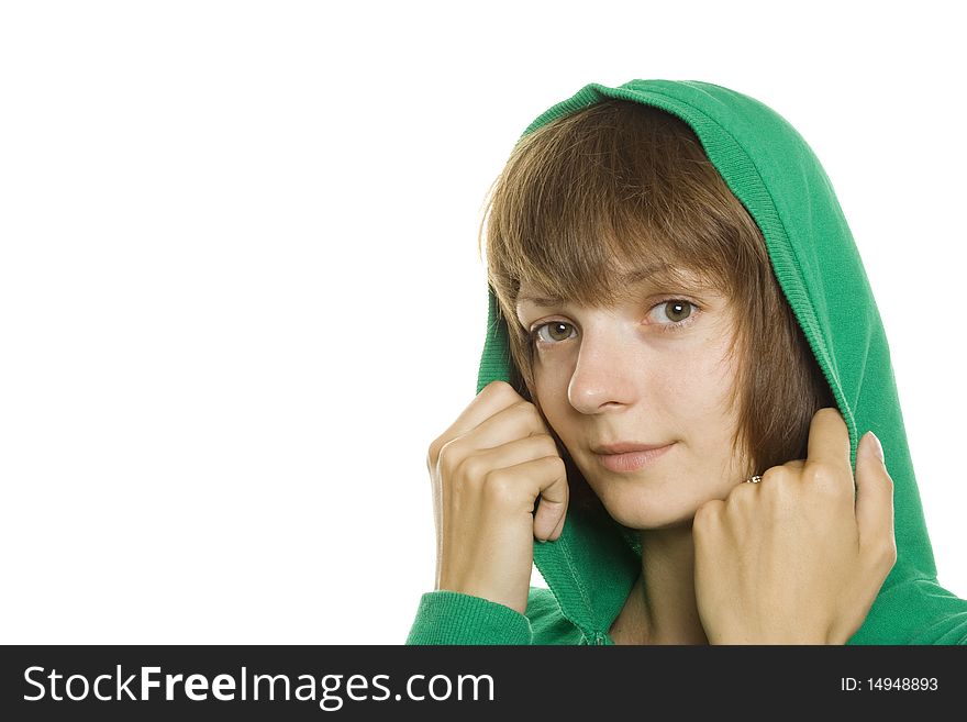 Photo of a casual teen wearing a green hooded sweatshirt. Photo of a casual teen wearing a green hooded sweatshirt.