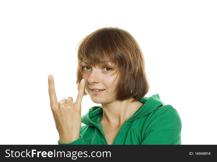 Photo of a casual teen wearing a green hooded sweatshirt. YO-sign. Photo of a casual teen wearing a green hooded sweatshirt. YO-sign