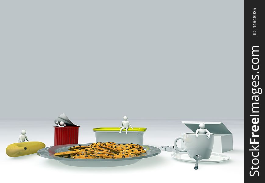 Breackfast table with 3d objects isolated on white background. Breackfast table with 3d objects isolated on white background