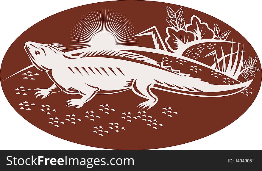 Illustration of a New Zealand tuatara looking up with landscape in background. Illustration of a New Zealand tuatara looking up with landscape in background