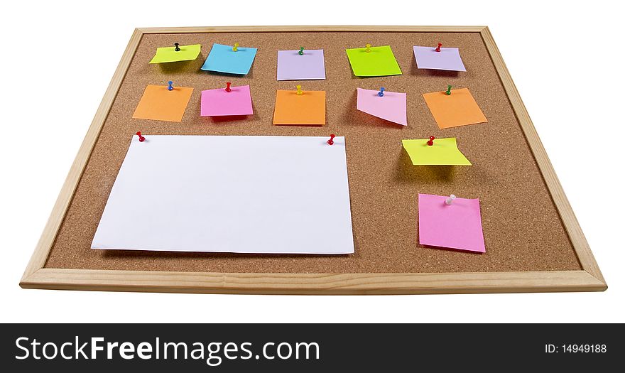 Cork office notice board with blank colorful sticker notes isolated over white background (wideangle)